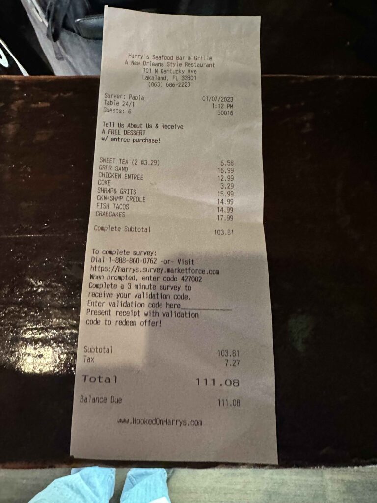 Receipt from Harry's Downtown Lakeland on 1/7/2023